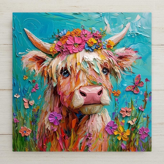 Highland Cow Wall Art Ceramic Tile Farmhouse Gift Kitchen Decor Cow Lover Gift Floral Crown Farm Tile