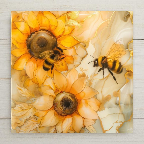 Sunflower Bee Wall Art Ceramic Tile Kitchen Wall Decor Yellow Floral Tile Farmhouse Kitchen Decor Honey Bee Gift Rustic Home Decor