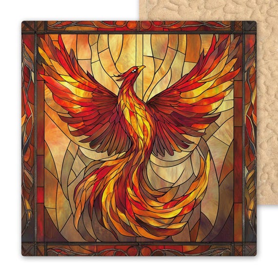 Phoenix Rising Ceramic Tile Wall Art: Stained Glass Style Home Decor, Mythical Fire Bird Accent Piece