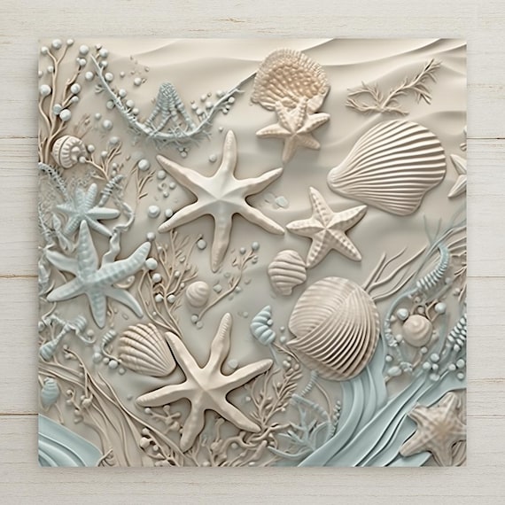 Coastal Ceramic Tile Art: 3D Effect Starfish & Seashell Print