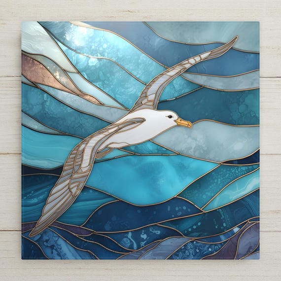 Seagull Coastal Wall Art Ceramic Tile – Stained Glass Ocean Bird Home Decor, Beach House Wall Decor, Nautical Seaside Art