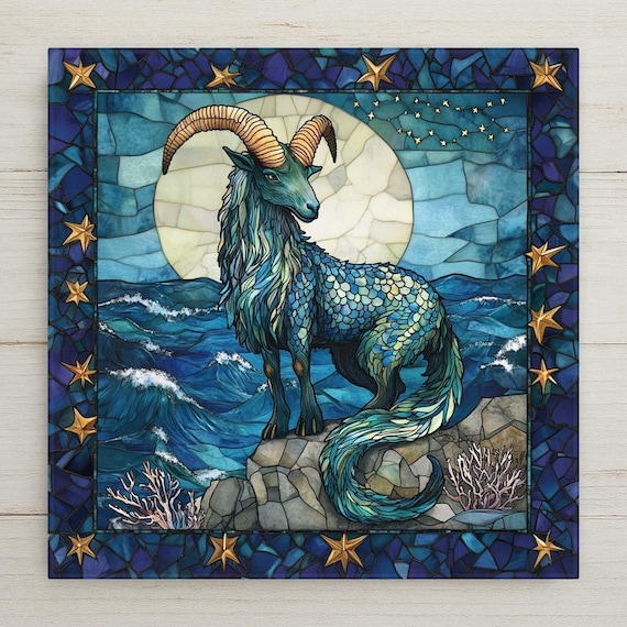 Capricorn Sea Goat Stained Glass Style Tile: Astrology Decor