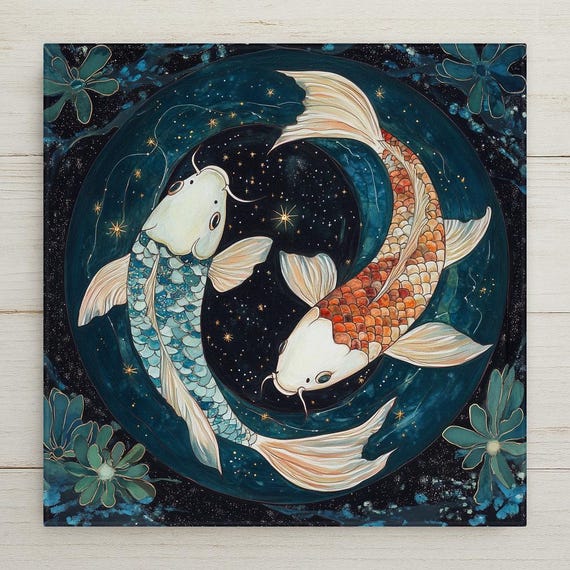 Pisces Zodiac Ceramic Tile: Stained Glass Koi Fish Wall Art
