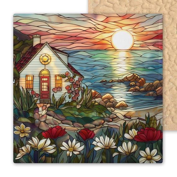 Coastal Sunset Ceramic Tile Art: Stained Glass Style Wall Decor with Wildflowers and Ocean View
