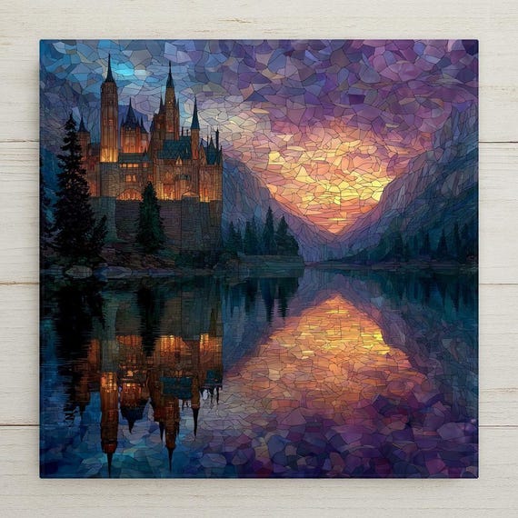 Neuschwanstein Castle Ceramic Tile Wall Art - Bavarian Stained Glass Style Landscape Home Decor Gift