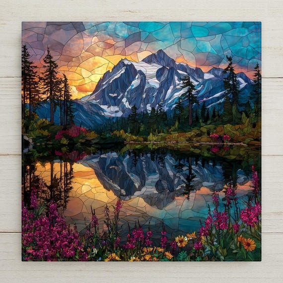 Stained Glass Inspired Mt Shuksan Ceramic Tile: Picture Lake Sunrise Landscape Wall Art Decor