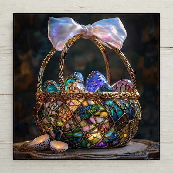 Elegant Stained Glass Easter Basket Wall Art Ceramic Tile – Luxury Jewel Tone Spring Decor, Christian Holiday Home Accent