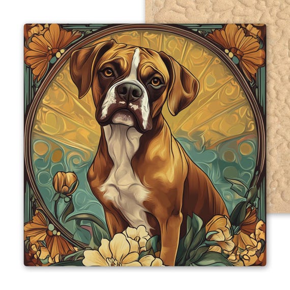 Art Nouveau Boxer Dog Ceramic Tile - Mucha-Inspired Floral Wall Decor for Dog Lovers