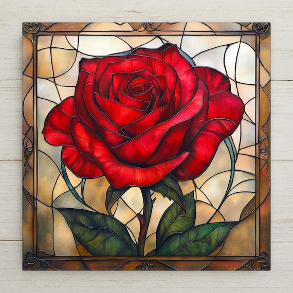 Art Nouveau Red Rose Ceramic Tile: Vintage-Inspired Stained Glass Floral Decor for Home Accents