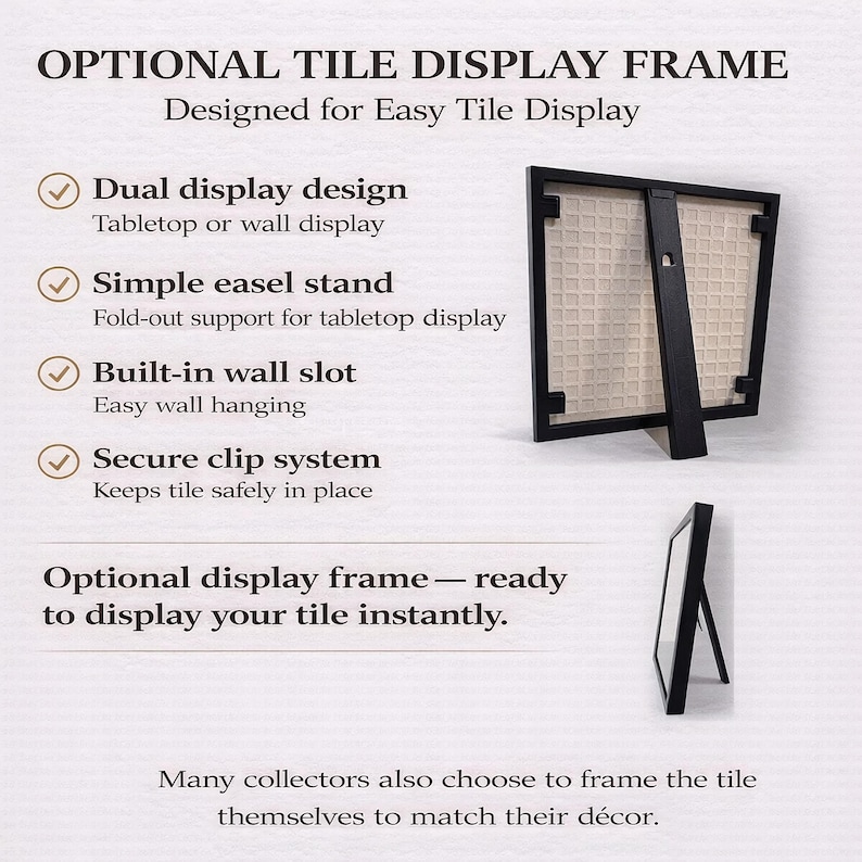 The image is a product description for a dual display design, a simple easel stand, a built-in wall slot, and a secure clip system for a tile display frame. It also mentions that the frame is ready to display the tile instantly.