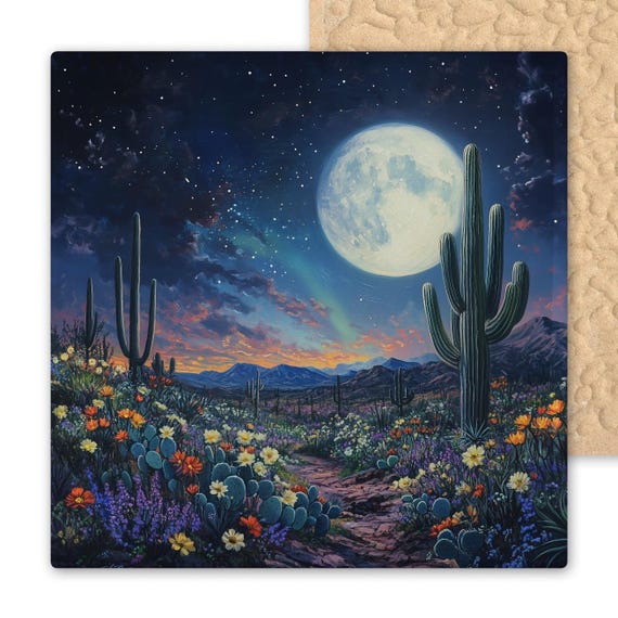 Enchanting Ceramic Desert Night Scene: Moonlit Cactus Landscape Tile Art for Southwest Wall Decor