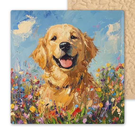 Vibrant Golden Retriever Ceramic Tile Art: Whimsical Pet Portrait with Wildflowers, Handmade Home Decor Gift