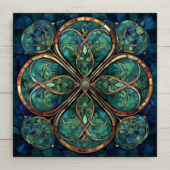 Celtic Knot Wall Art Ceramic Tile – Stained Glass Irish Clover Decor – Green Spiritual Wall Decor – Celtic Home Decor Gift