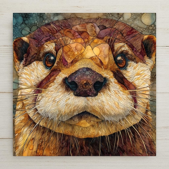 Otter Stained Glass Art Tile Woodland Animal Wall Art Nature Wildlife Home Decor Rustic Cabin Accent Decorative Tile