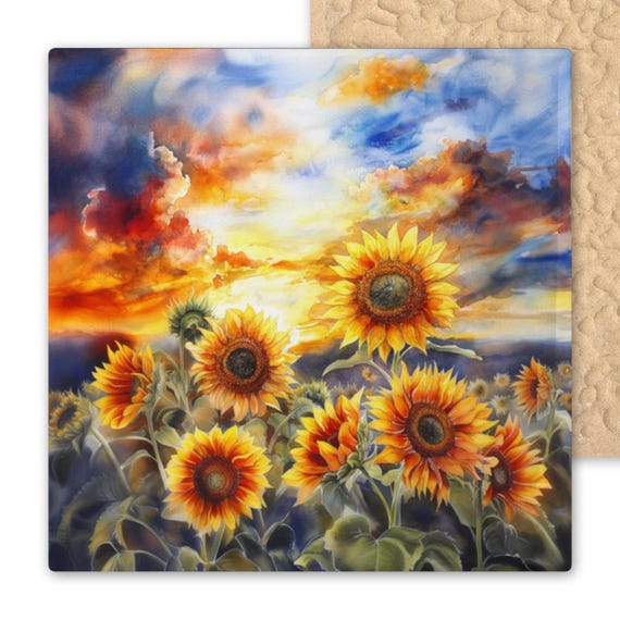 Vibrant Sunflower Ceramic Tile Art: Watercolor Sunset Field Wall Decor for Country Home Accent