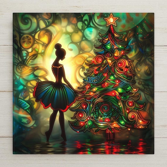Festive Nutcracker Ballet Ceramic Tile: Stained Glass Christmas Ballerina Wall Art Decor Gift