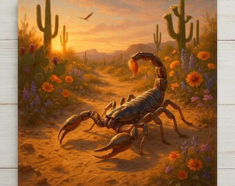Southwestern Scorpion Ceramic Art Tile – Desert Wildlife Wall Decor, Cactus Sunset Nature Lover Gift