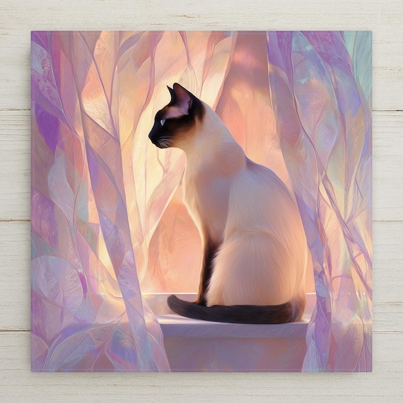 Siamese Cat Wall Art: Stained Glass Style Ceramic Tile Home Decor for Pet Lovers