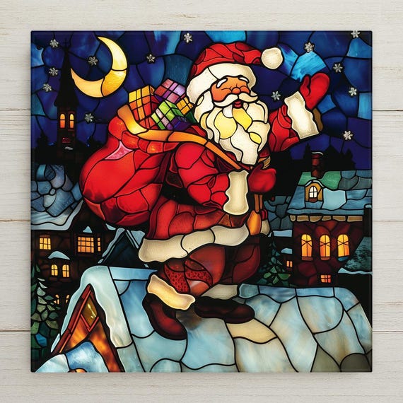 Festive Santa Rooftop Ceramic Tile Home Decor - Stained Glass Style Christmas Eve Art for Holiday Decor Wall Art