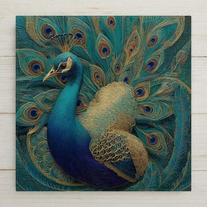 May include: A square wall art piece featuring a peacock with deep blue and teal plumage. The bird is depicted with intricate gold filigree-style line work throughout its body and fanned tail feathers, which display prominent blue and gold eyespots.