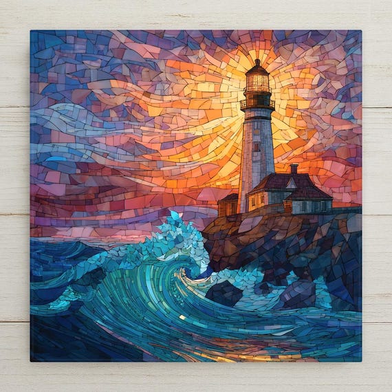 Lighthouse Ceramic Tile Wall Art – Stained Glass Style Coastal Sunset Home Decor, Nautical Gift, Vibrant Ocean Wave Wall Decor