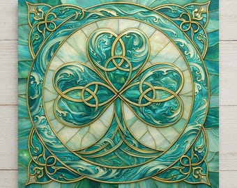 Celtic Shamrock Stained Glass Style Ceramic Art Tile – Irish Blessing Wall Decor, Trinity Knot St Patricks Accent