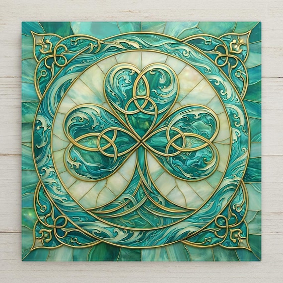Celtic Shamrock Symbolic Wall Art Ceramic Tile – Stained Glass Style, Irish Inspired Home Decor
