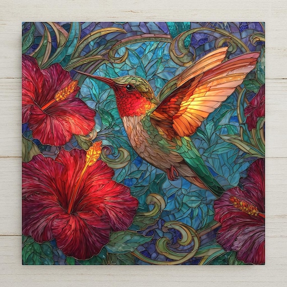 Hummingbird Ceramic Tile Wall Art – Stained Glass Floral Design, Nature Home Decor, Botanical Wall Decor Gift for Garden Lovers