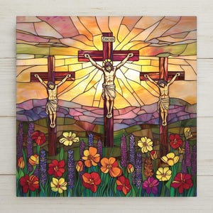 Stained Glass Style Three Crosses Tile Art: Christian Easter Decor