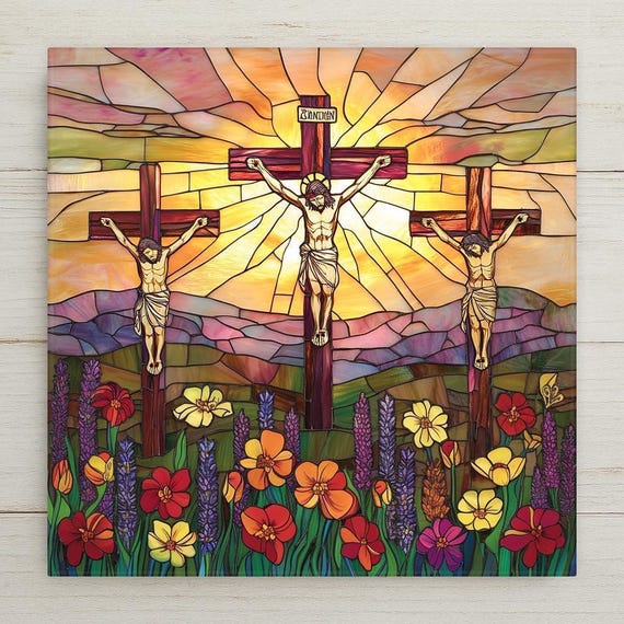 Stained Glass Style Three Crosses Tile Art: Christian Easter Decor
