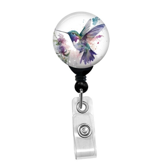 Hummingbird Badge Reel – Watercolor Hummingbird ID Clip – Retractable Name Badge Holder – Nurse Gift – Floral Art Badge Clip