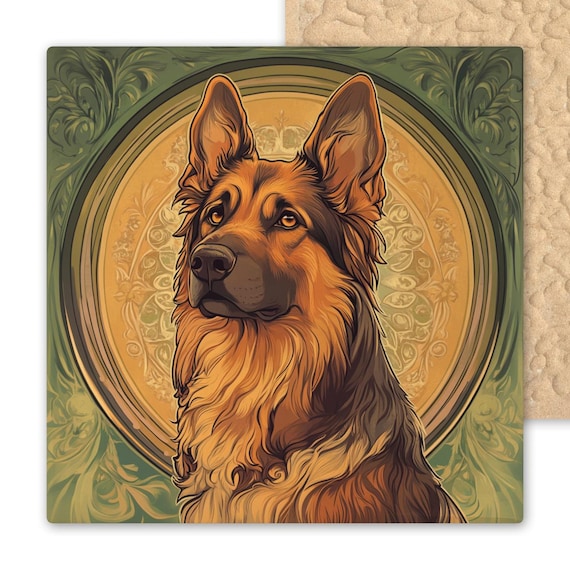 Art Nouveau German Shepherd Ceramic Tile - Mucha-Inspired Floral Dog Wall Decor for Pet Lovers