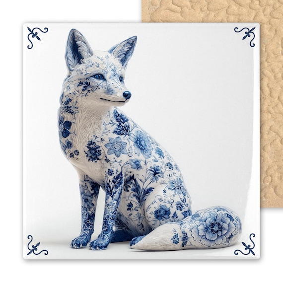 Delft Blue Fox Ceramic Tile Art - Dutch Floral Wall Decor, Porcelain Style Illustration for Animal Lovers