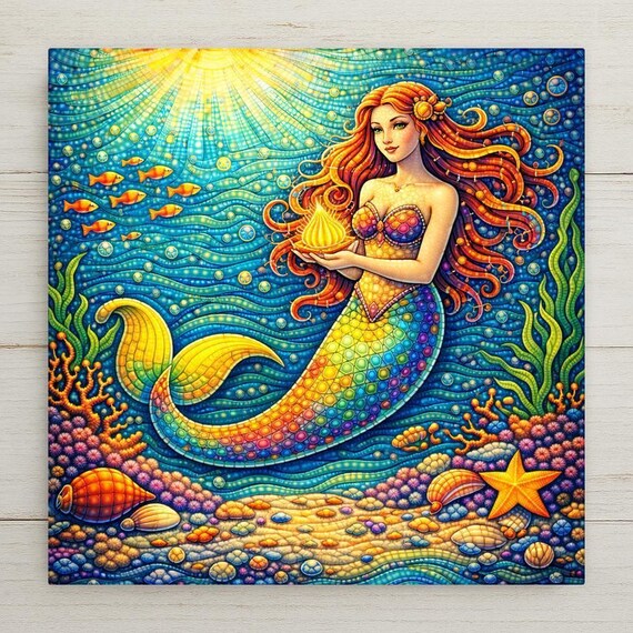 Whimsical Mermaid Ceramic Tile Wall Art - Coastal Nursery Beach House Fantasy Ocean Home Decor