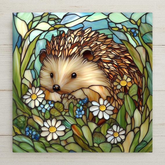 Handcrafted Stained Glass Hedgehog Ceramic Tile: Woodland Wall Art for Garden & Nature Lovers