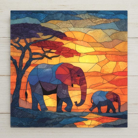 Elephant Family Wall Art Ceramic Tile Stained Glass Style Safari Gift African Wildlife Nature Decor Art