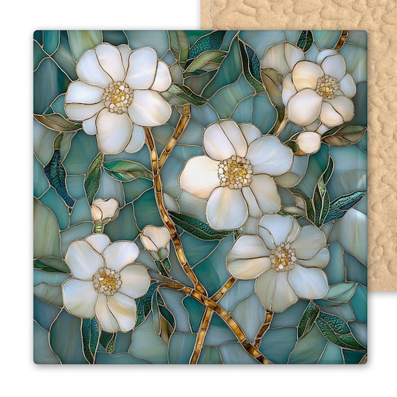 Cherry Blossom Ceramic Tile – Art Nouveau Stained Look Glass Style Wall Decor – Teal Floral Botanical Panel - 2 of 2