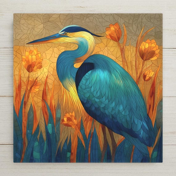 Heron Ceramic Tile Art in Stained Glass Style – Blue Heron Wall Art with Earth Tone Reeds for Elegant Wall Decor and Nature Home Decor