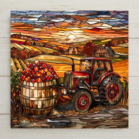 Rustic Autumn Apple Harvest Ceramic Tile: Stained Glass Style Wall Art for Kitchen & Home Decor