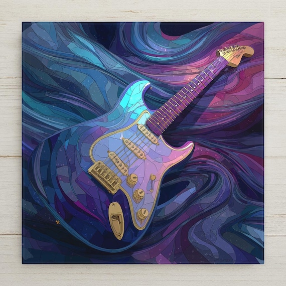 Electric Guitar Wall Art Nouveau Stained Glass Style Music Home Decor