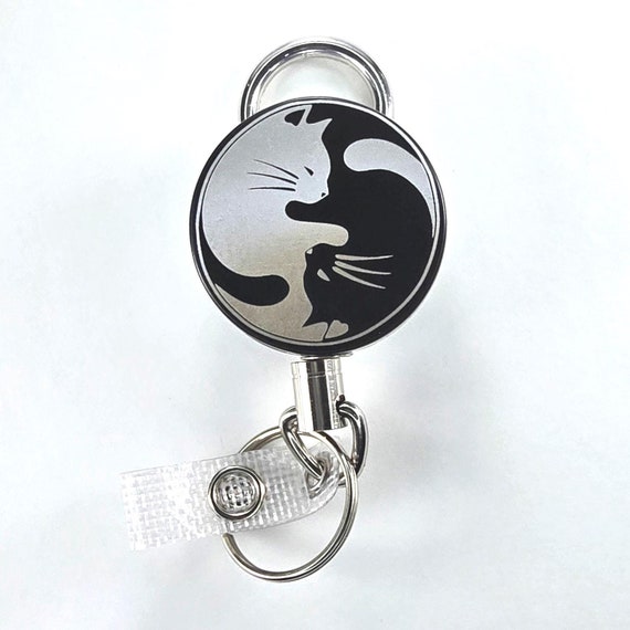 Laser Engraved Yin Yang Cats Badge Reel: Heavy Duty Retractable ID Card Holder with Optional Gift Box