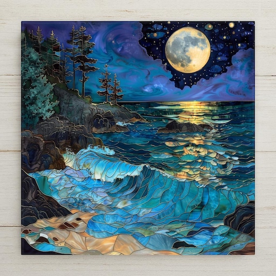 Full Moon Ocean Wall Art Ceramic Tile – Luxury Coastal Decor – Dramatic Wave Beach House Home Decor – Gold Moon Seascape