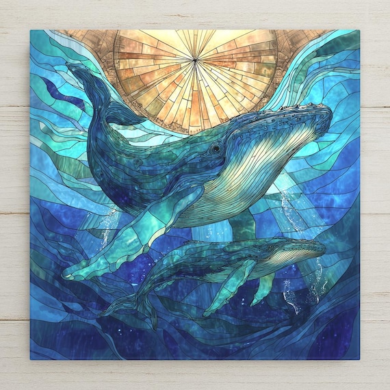 Whale Ceramic Tile Wall Art – Stained Glass Style Ocean Decor, Blue Mosaic Whale Artwork, Coastal Home Decor Gift Underwater Nature Tile Art