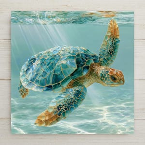 May include: A sea turtle swimming underwater with a shell featuring intricate patterns in shades of teal, blue, and gold. The turtle is positioned in clear, light blue water with sunlight rays filtering down from the surface above the creature.