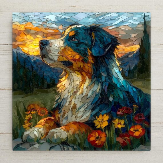 Bernese Mountain Dog Wall Art Ceramic Tile Stained Glass Style Dog Lover Gift Nature Decor Gift for Her
