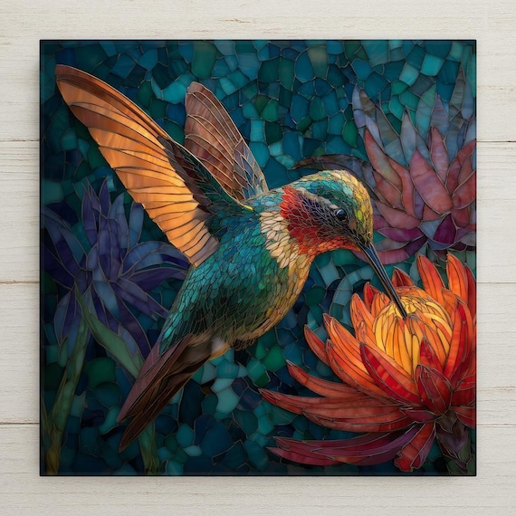 Hummingbird Art Ceramic Tile: Stained Glass Style Wall Decor