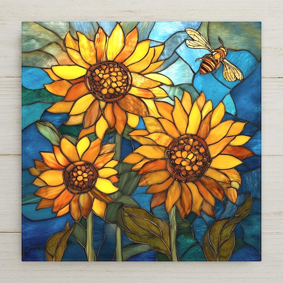 Sunflower Ceramic Tile Wall Art – Stained Glass Style Sunflower Decor, Bright Floral Home Decor, Kitchen Wall Decor, Nature Art Gift