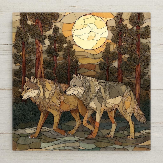Wolf Pair Ceramic Tile Wall Art – Stained Glass Style Woodland Home Decor, Symbolic Couple Artwork, Meaningful Nature Gift