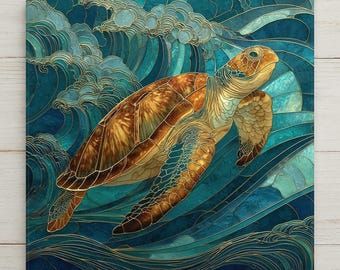 Sea Turtle Stained Glass Style Ceramic Art Tile: Coastal Wall Decor Beach House Accent Ocean Home Decor Wall Art