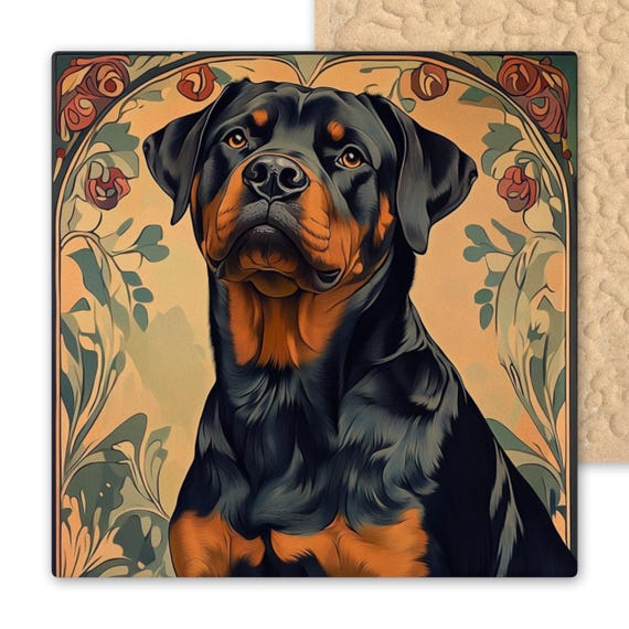 Art Nouveau Rottweiler Ceramic Tile Portrait - Elegant Wall Decor for Dog Lovers & Animal Enthusiasts